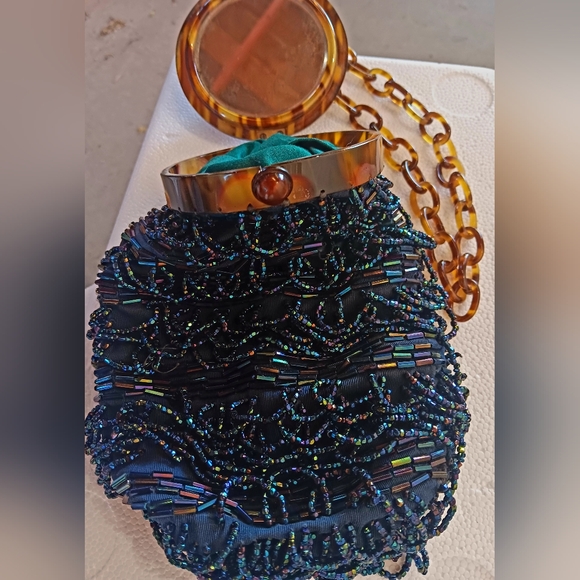 Vintage Blue/Green Beaded "Grenade" Wrist Bag C.1980s - Picture 4 of 7